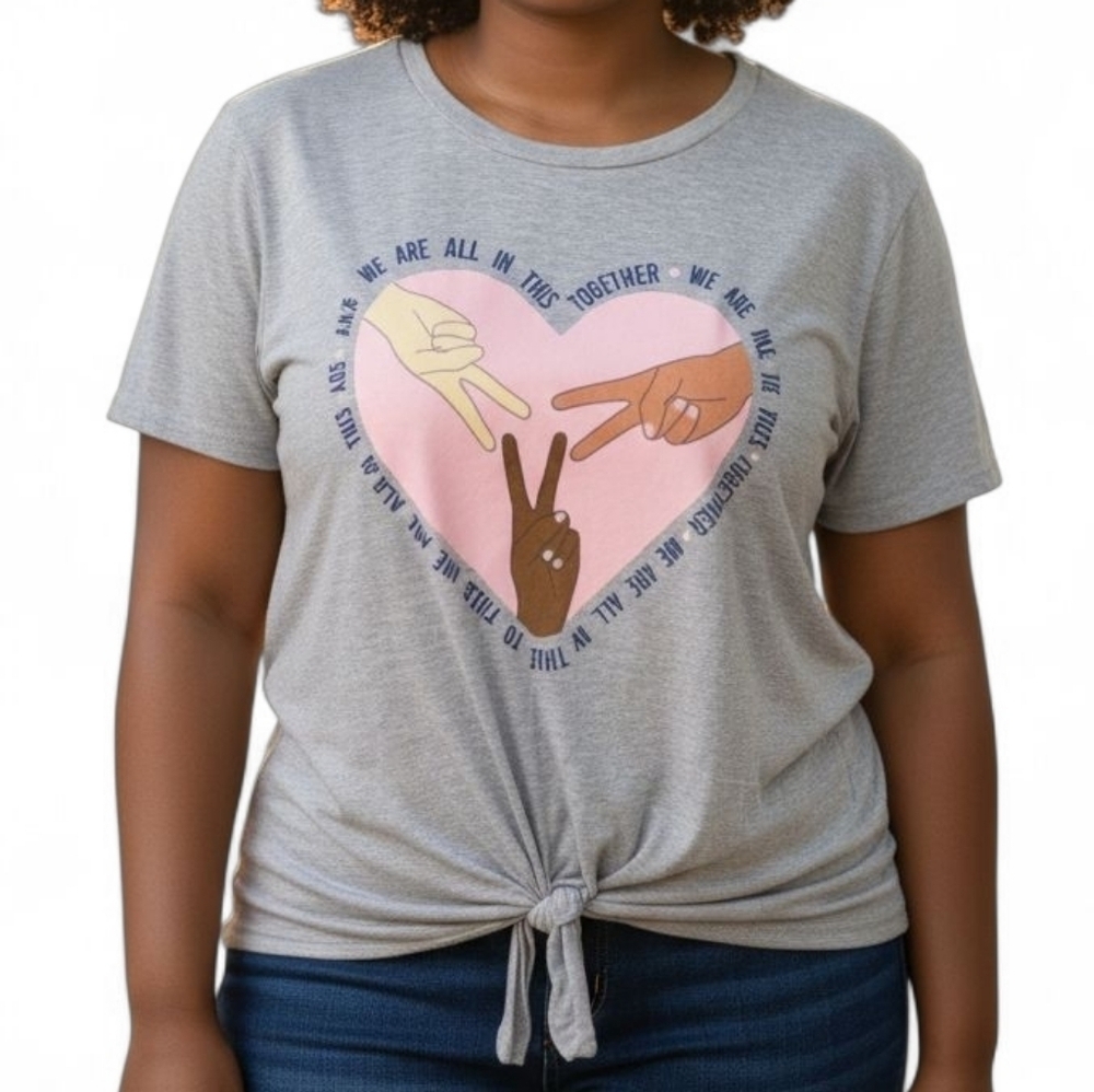 Dirtee Laundry We're All in This Together Tie Front Tee in Gray and Pink Size 2X
